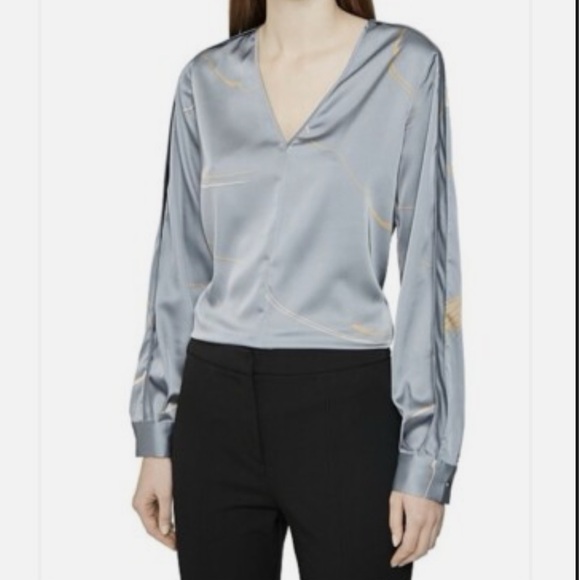 Reiss Tops - Reiss Pippy Abstract Printed Blouse Gray Sz 10 Satin V Neck Relaxed Fit NWOT